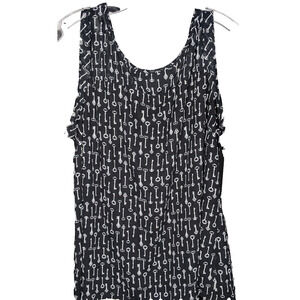 Roz & Ali Sleeveless Top 2X Black White Keys Poly Semi Sheer EUC